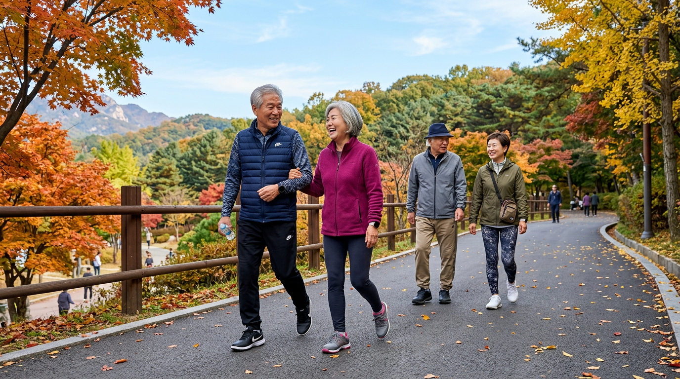 편한 운동복과 신발을 신고 코스로 가는 사람들
